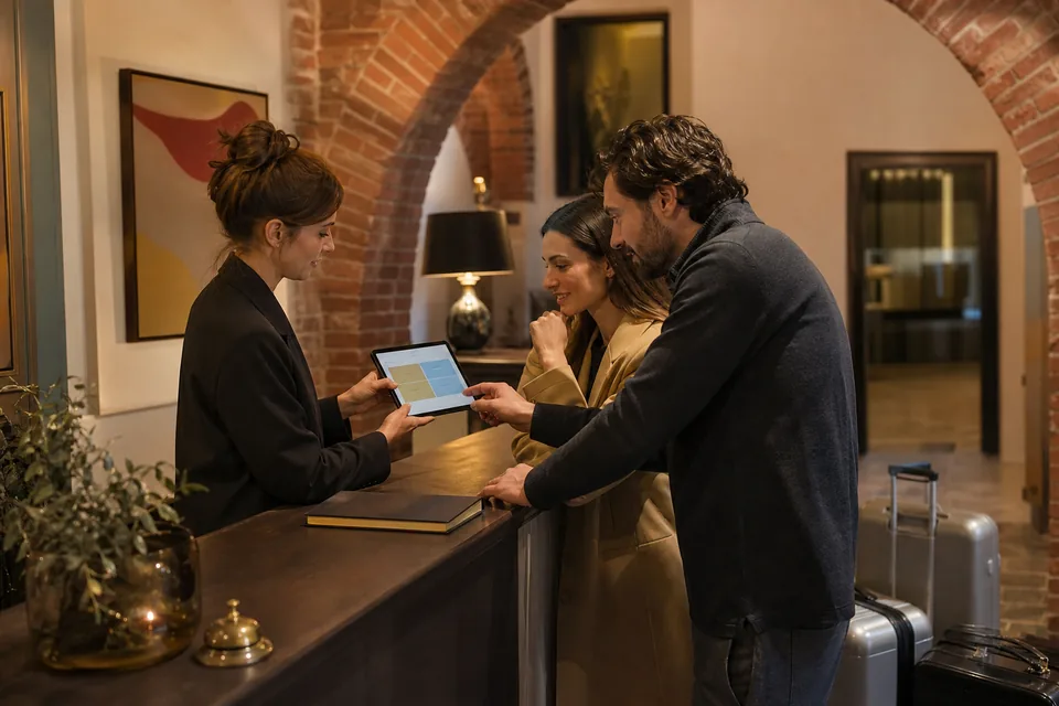 Recepcjonistka hotelu w kamienicy pokazuje gościom stronę na tablecie