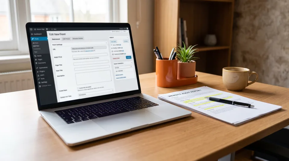 Panel administracyjny strony na Joomla i wydruk audytu SEO na biurku