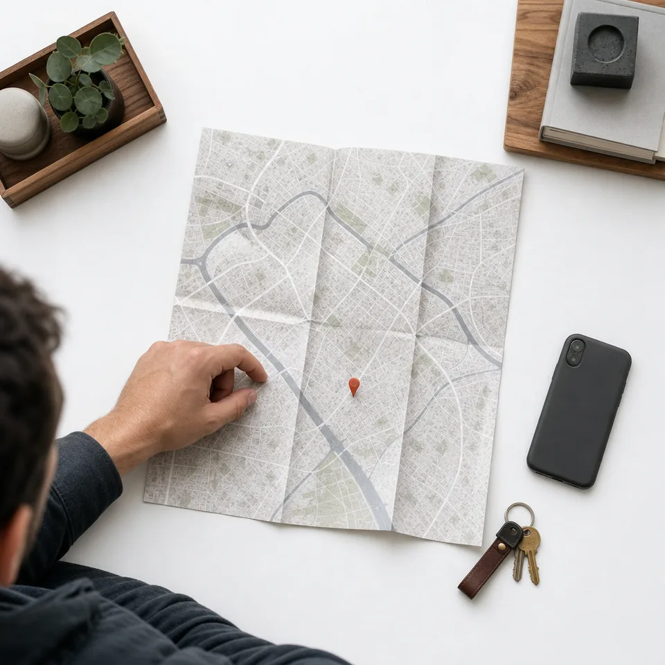 Papierowa mapa miasta z czerwoną pinezką i kluczami, symbol obszaru działania firmy w wizytówce Google